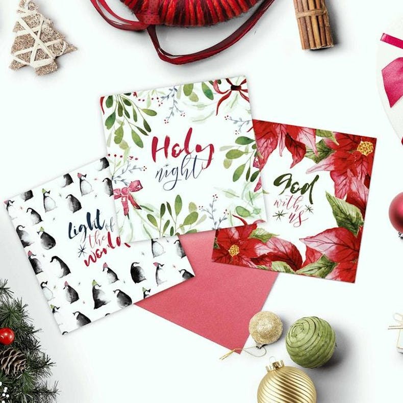 Doodling Faith Christian Christmas Cards on table | Cheerfully Given