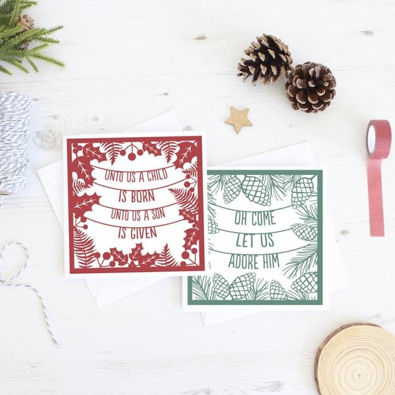 Papercut out in Red and Green Christian Christmas Cards by Kiwi Tree Designs at Cheerfully Given