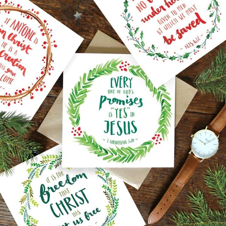 Green and Red Wreath Bible Verse Christmas Cards by Roleymole Designs at Cheerfully Given