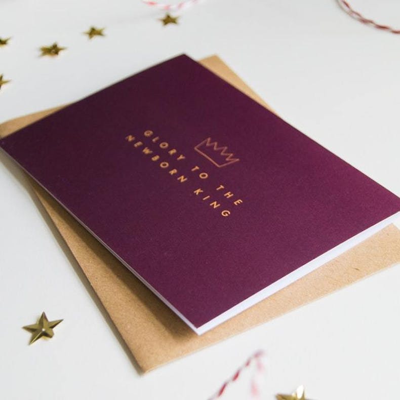 Burgundy with gold print Christian Christmas Card by Becky Thorn Designs at Cheerfully Given