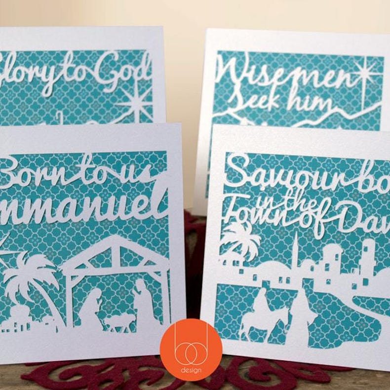 Birch and Tides Cutout White Card Christian Christmas Cards on teal card background | Cheerfully Given