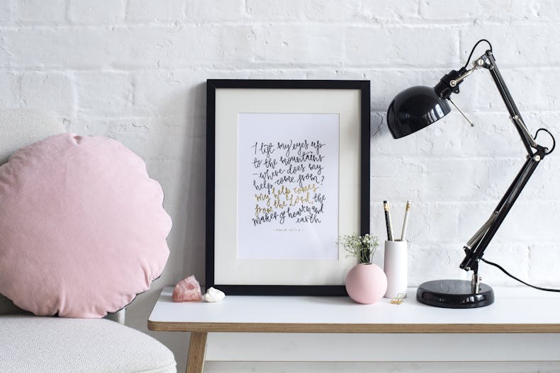 Desk with I lift my eyes to the hill calligraphy Scripture print at Cheerfully Given