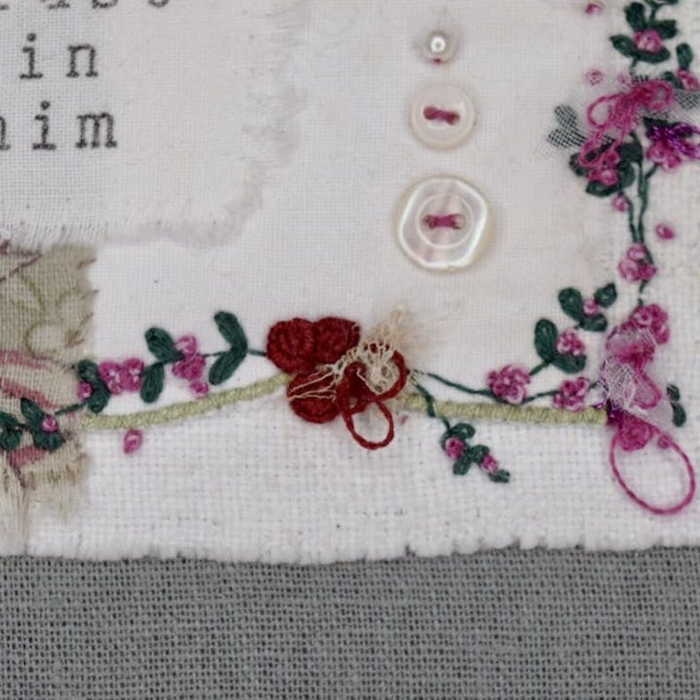 Close up of Christian Textile Art by Teeny White Daisy at Cheerfully Given