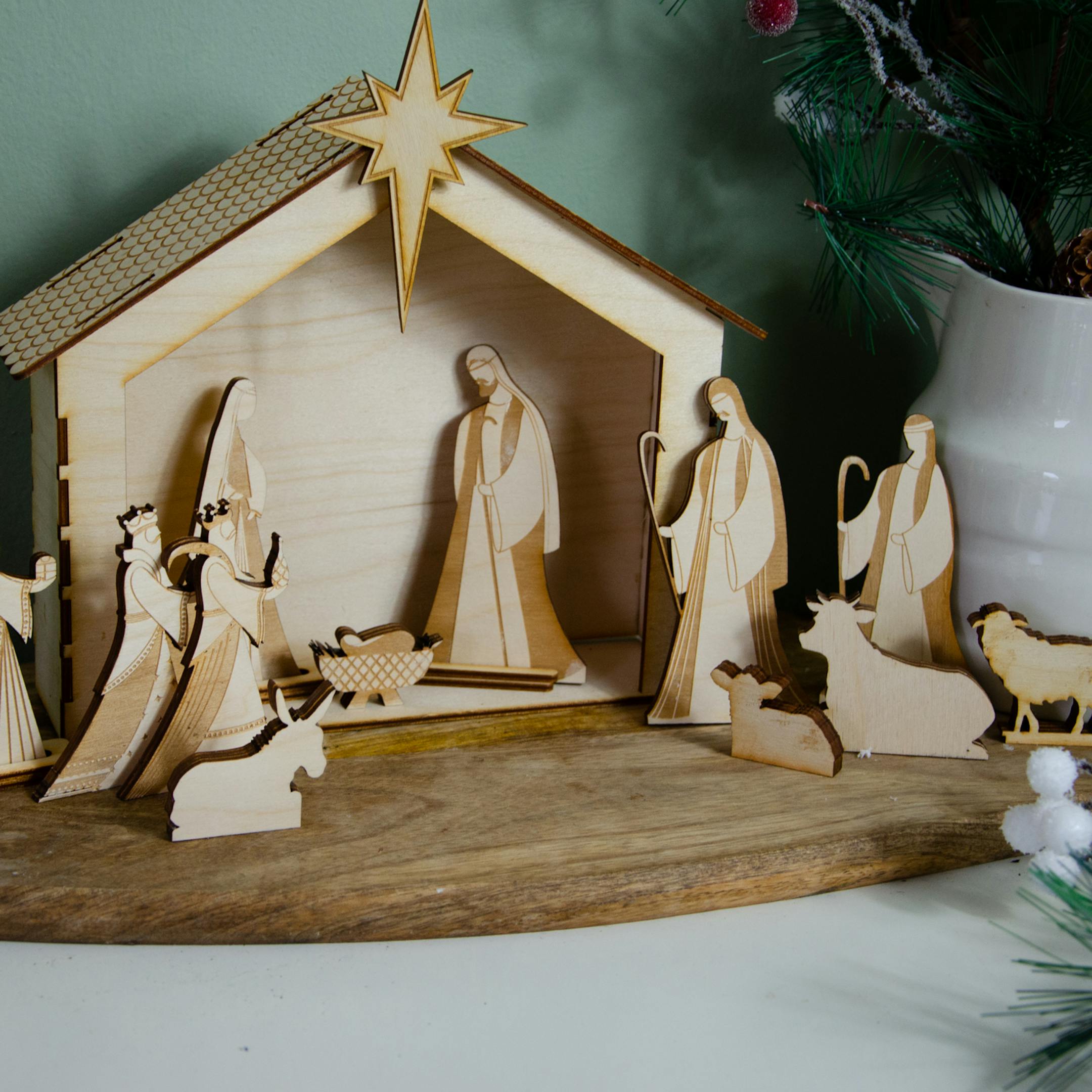 Wooden Nativity scene with figures | Birch and Tides @ Cheerfully Given - Nativity Sets
