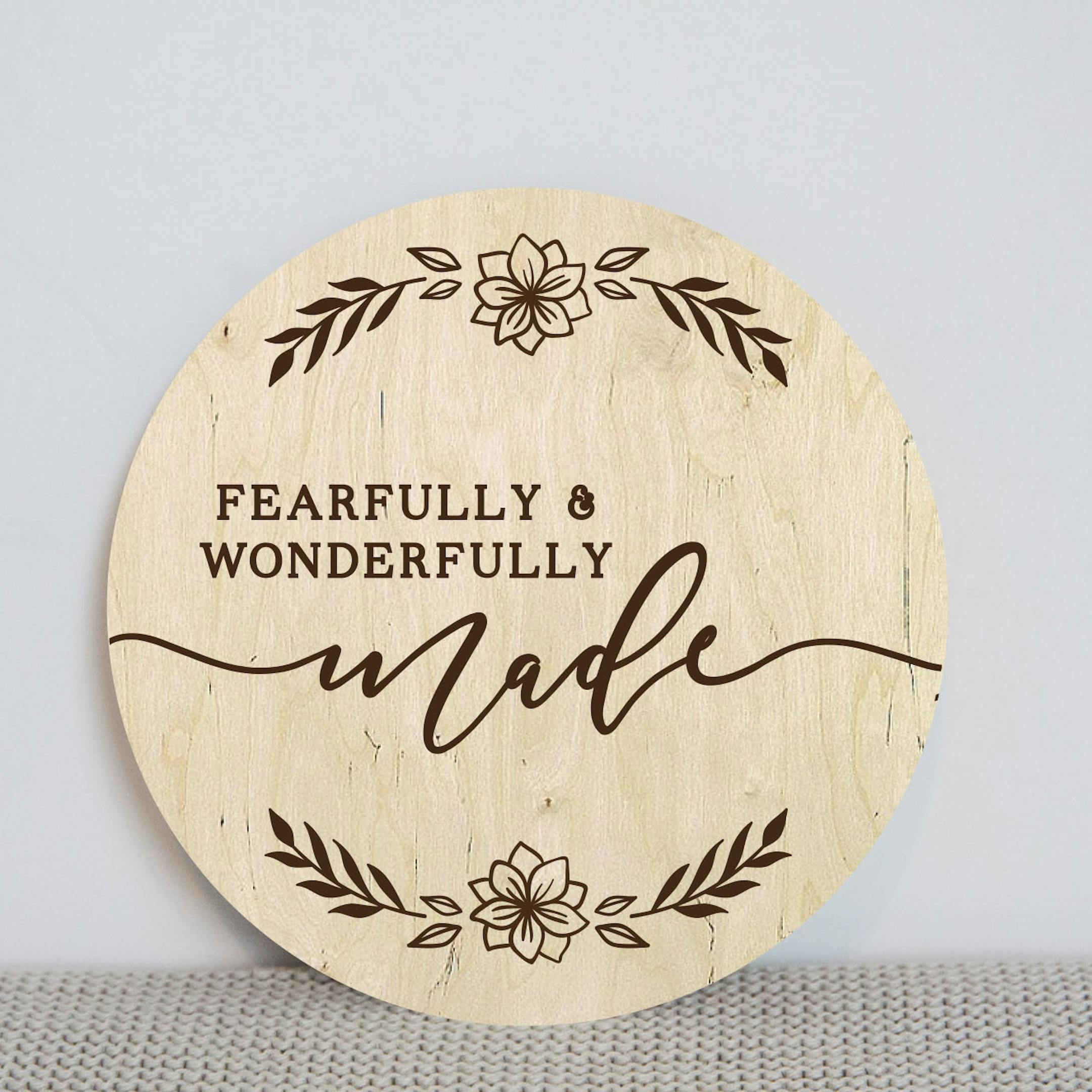 'Fearfully & Wonderfully Made' Wooden Baby Milestone Disc - Psalm 139:14 - Birch and Tides