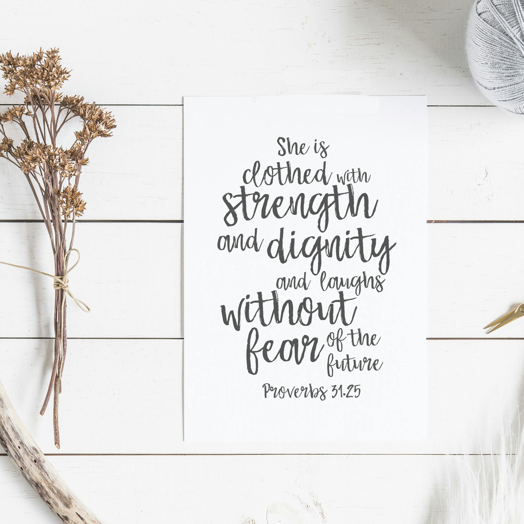 A6 She Is Clothed With Strength And Dignity Card - Proverbs 31:25 - Christian Lettering Company