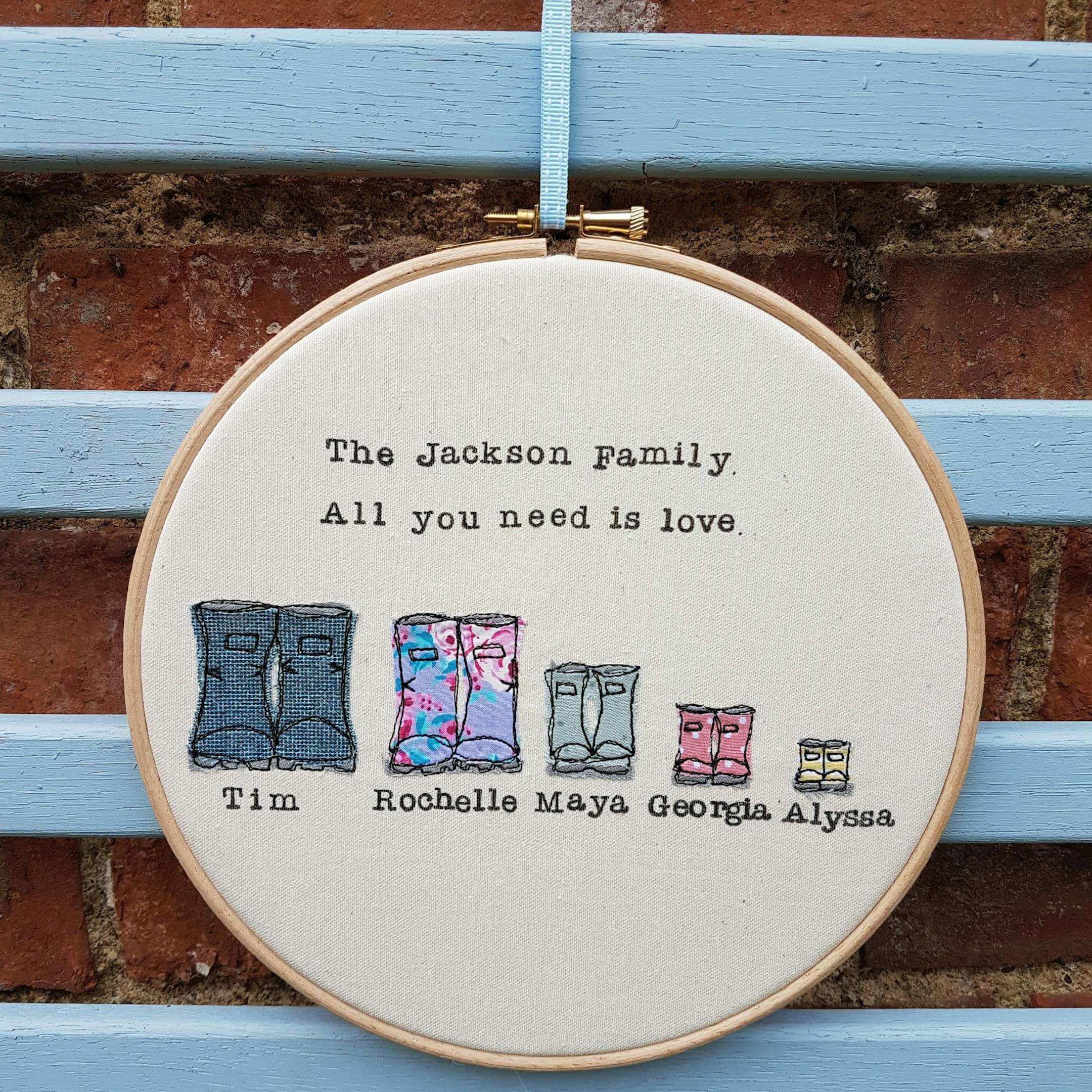 Hoopla with four wellies appliqued on and personalised family name by Faith in Fabric | Cheerfully Given - Christian Textile Art UK