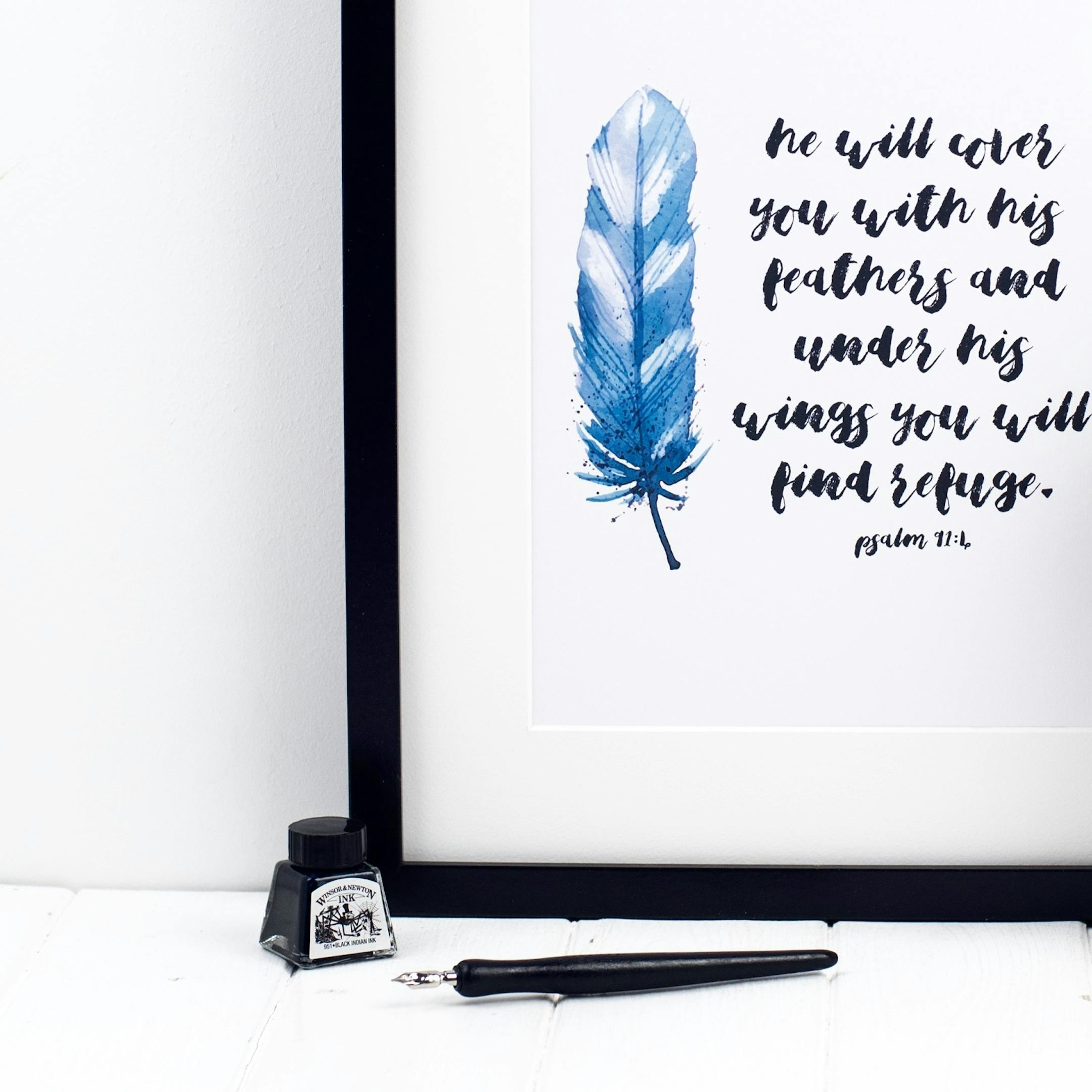 Blue Feather He Will Cover You With His Feathers Print - Psalm 91:4 - Izzy and Pop