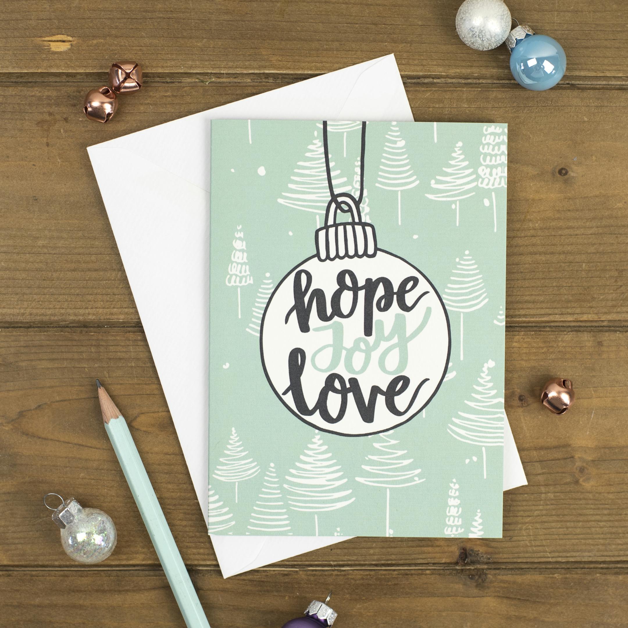 Hope Joy Love Bauble Christmas Card - Izzy and Pop