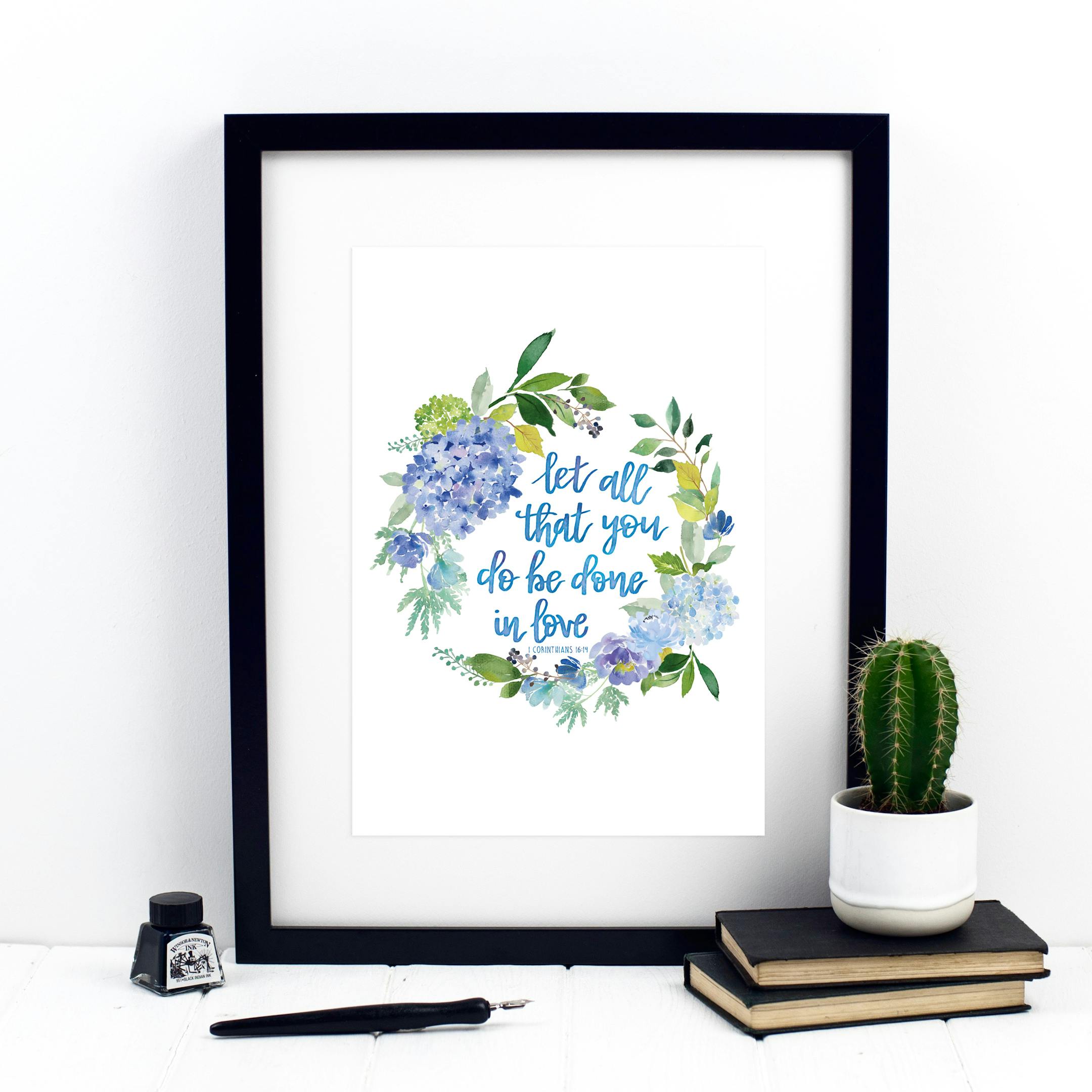 Let All That You Do Be Done In Love - Watercolour Wreath Print - 1 Corinthians 16:14 - Izzy and Pop