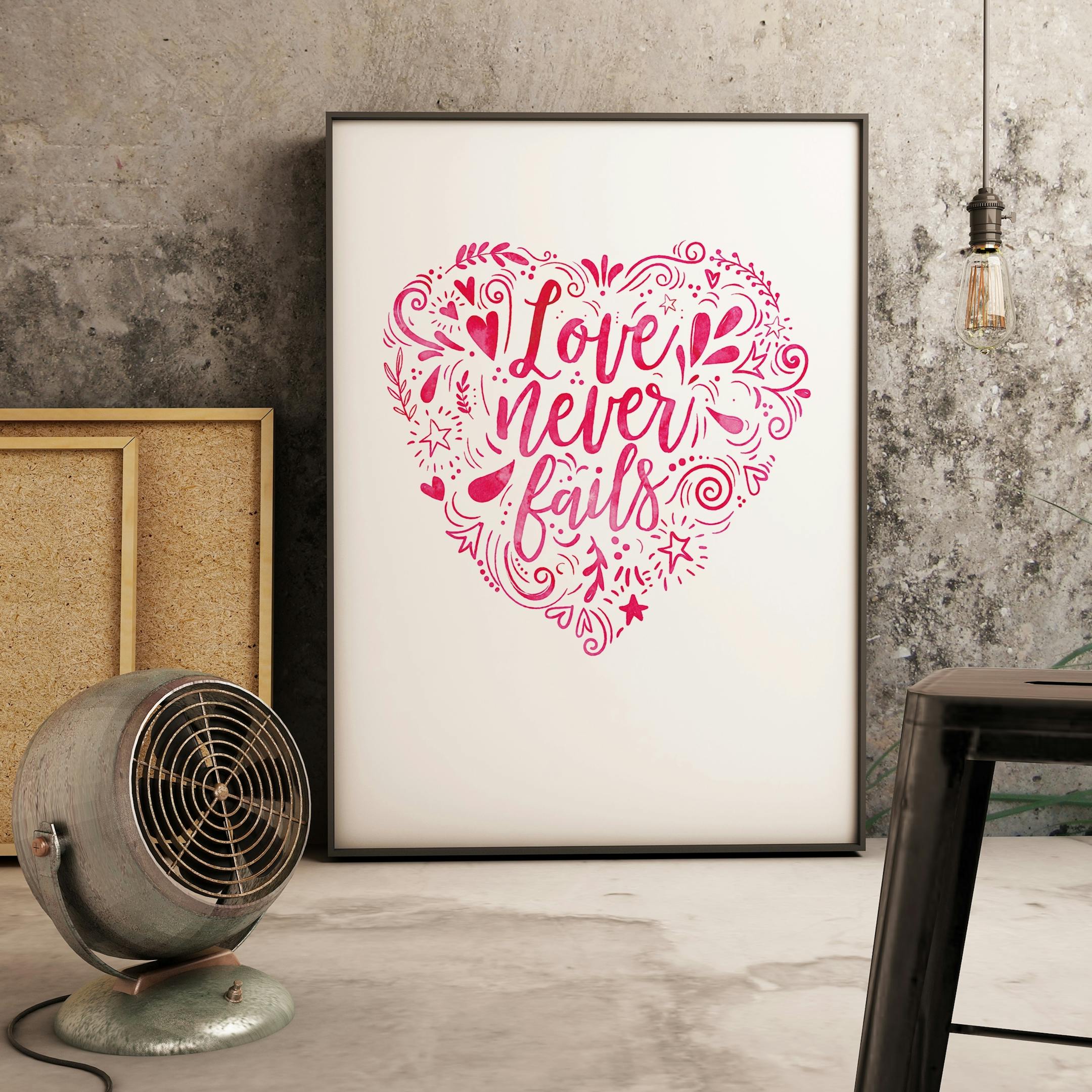 Pink Heart - Love Never Fails Print - 1 Corinthians 13 - Izzy and Pop