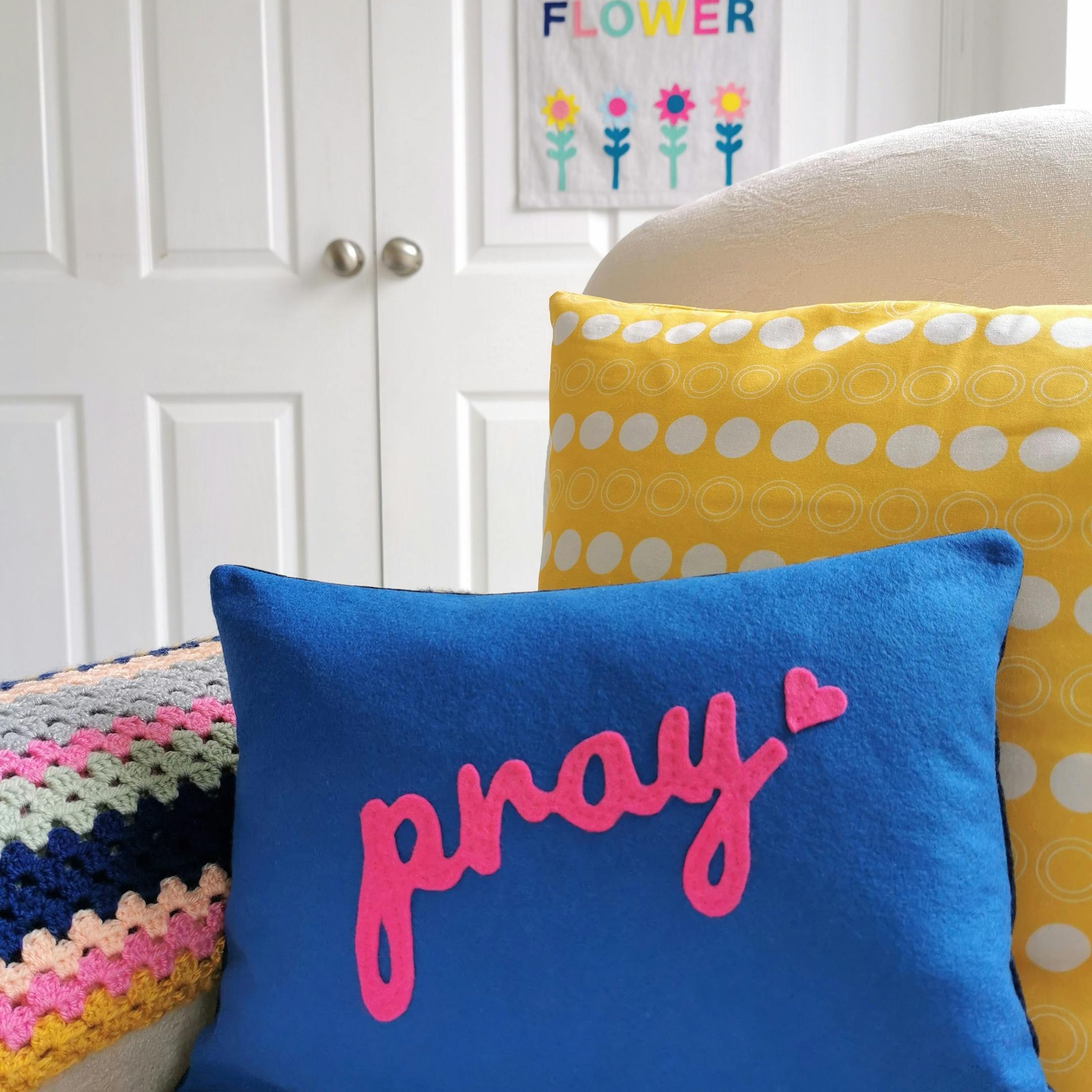 Pink Pray with Blue Cushion by Love and Joy Creative Studio | Cheerfully Given - Christian Encouragement Gifts