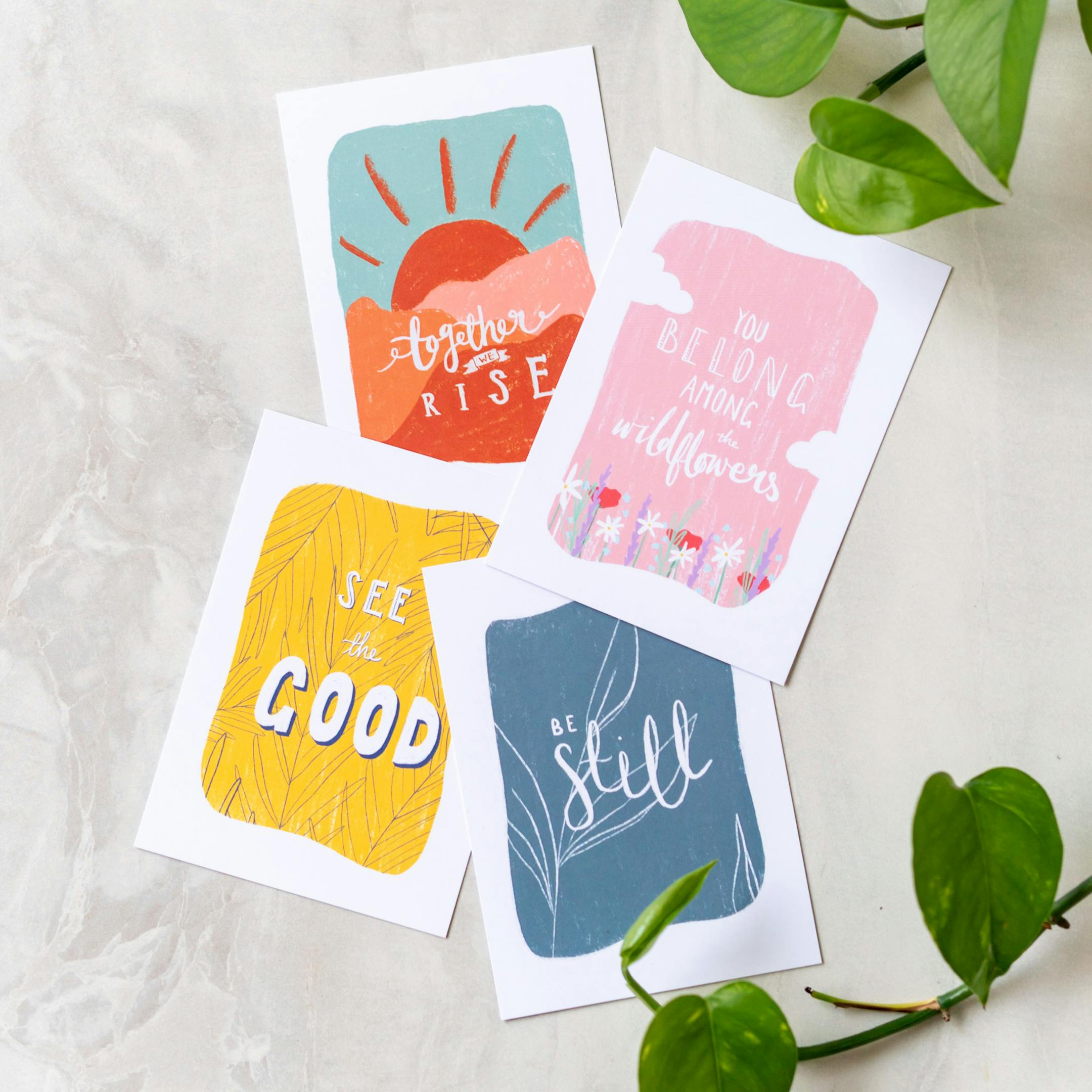 Set of 4 brightly coloured Scripture postcards by Sarah Nolloth Illustrations | Cheerfully Given - Christian Encouragement Cards UK