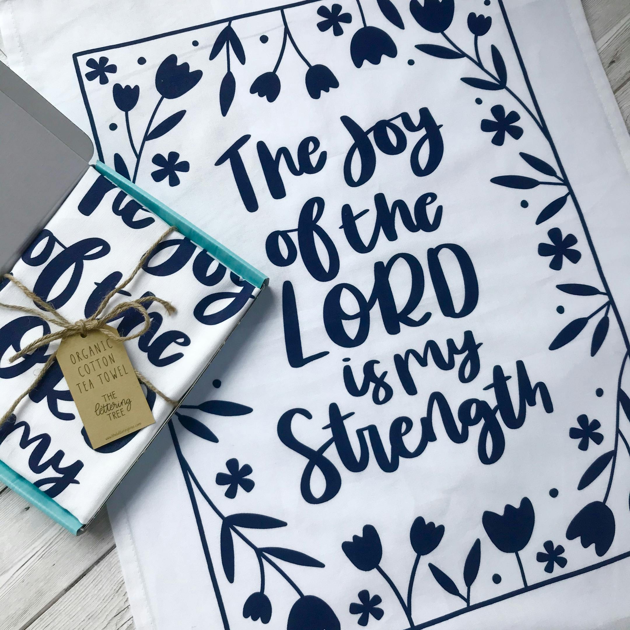Joy of the Lord Christian Tea Towels | The Lettering Tree | Cheerfully Given